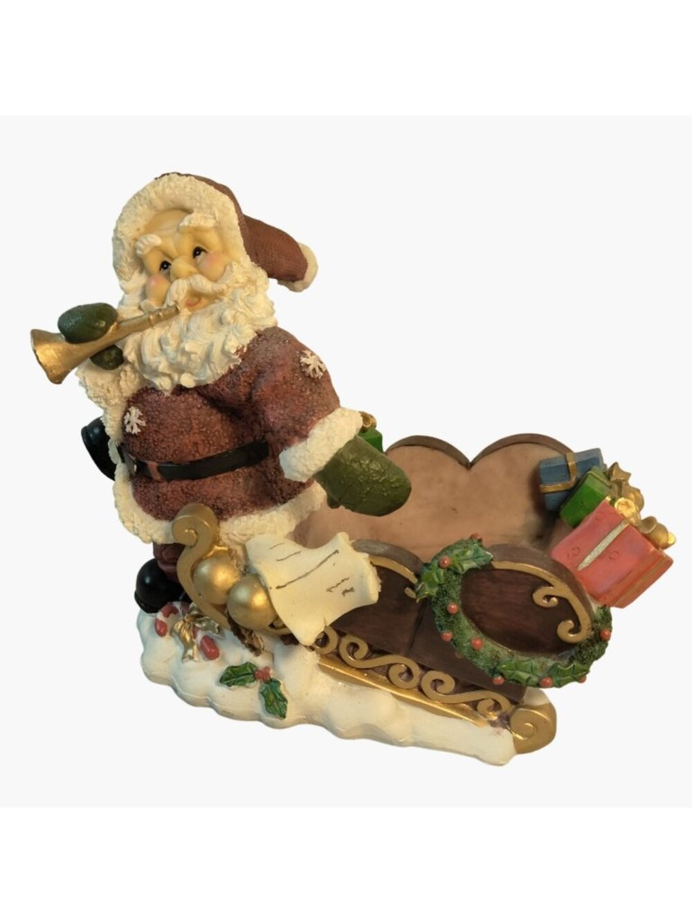XCE Santa Claus Sleigh Planter Figurine Vintage Resin floral Candy dish